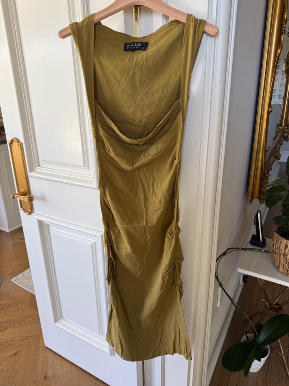 Nicole Miller Olive Green Backless Draped Midi Dress